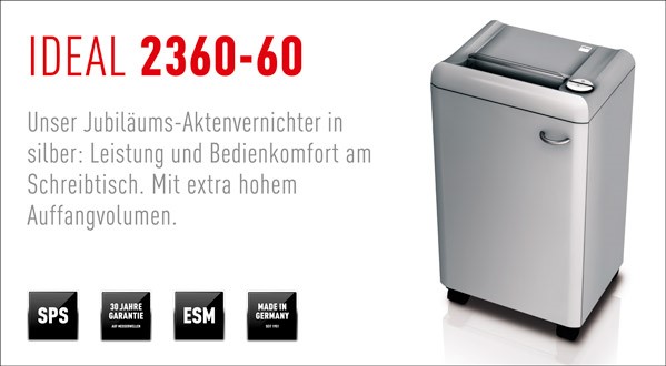 Unser Jubiläums-Aktenvernichter in silber: Leistung und Bedienkomfort am Schreibtisch. Mit extra hohem Auffangvolumen.